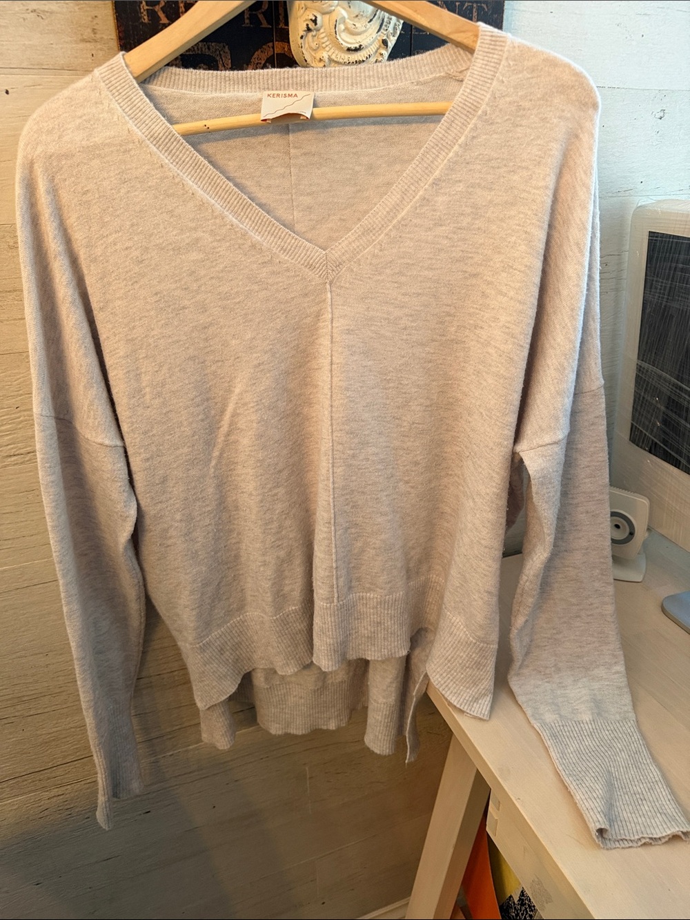 Kerisma Neutral Light Gray V-Neck Wool & Acrylic High Low Hem Sweater